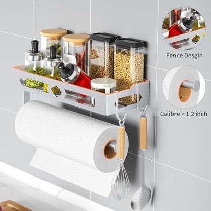 Wall Mount Paper Towel Holder with Shelf for Bathroom Kitchen,Silver 2Hooks | Metal Spice Rack, Easy One-Hand Tear Design Mounted Hanging Hand Paper Towel Roll Holder for RV, Home(Self Adhesive or Drill) - color: Silver