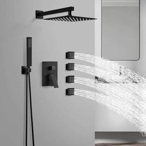 gotonovo Rainfall Shower System with Full Body Jets 4pcs Matte Black | 12’’ Rainfall Shower Head with Handheld Spray Combo,Wall Mount,Rough-in Valve and Trim Kit,Brass Body Message Jets,All Metal - color: Black