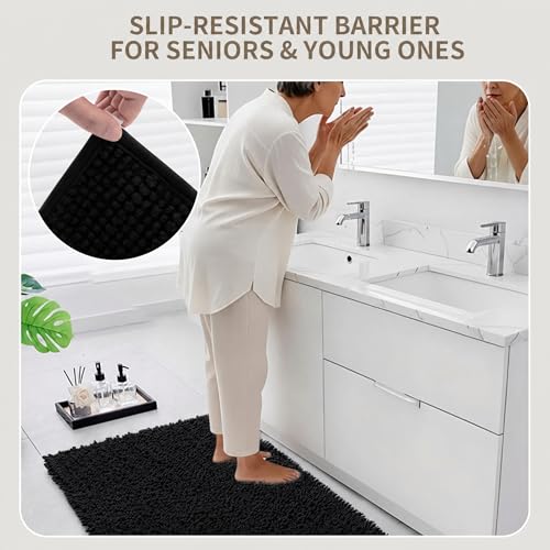 Toilet Rugs U-Shaped Mat 24x24, Contour Bathroom Mat - Ultra Soft & Absorbent Chenille, Quick-Dry, Machine Washable with Non Slip Barrier Backing, Black - color: Black, size: 24" X 24"(Toilet Rug)