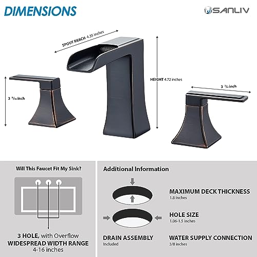 Oil Rubbed Bronze Bathroom Faucet, Sanliv 2-Handle Widespread Bathroom Faucet for 3-Hole Sinks 4-16 inch, Bronze Waterfall Vanity Faucet with Pop-Up Drain (ORB) - color: Oil Rubbed Bronze