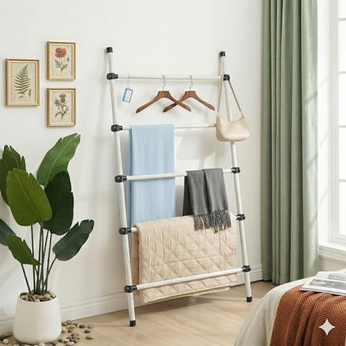 SIBRAD Expandable Blanket Ladder for Living Room, Adjustable Width (17.3"-32.3") Tall Metal Quilt Rack Wall Leaning, Rustic White Wood Grain 5-Tier Blanket Holder, Heavy Duty 45 Lbs Capacity - color: White Grain