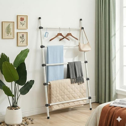 SIBRAD Expandable Blanket Ladder for Living Room, Adjustable Width (17.3"-32.3") Tall Metal Quilt Rack Wall Leaning, Rustic White Wood Grain 5-Tier Blanket Holder, Heavy Duty 45 Lbs Capacity - color: White Grain