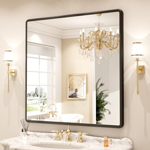 pertetey 36 x 36 in Rounded Rectangle Bathroom Mirror, Black Metal Frame | Black Metal Frame, Rounded Rectangle Design, Tempered Glass, Wall Mounted - size: 36"L x 36"W