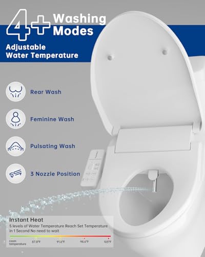 Heated Smart Toilet Seat with Feminine Wash & Dryer, Elongated Bidet with Adjustable Water Temperature, Pressure & Nozzle Position