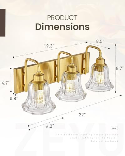 zeyu 22-Inch 3-Light Bathroom Lights Over Mirror Fixture, ZJX117B-3W BG | Gold Bathroom Light Fixtures, Clear Striped Glass Shades, Metal And Glass Construction, Wall-Mounted Bathroom Lighting - color: Gold+Clear Striped Glass, size: 3-Light