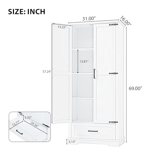 JIVOIT 69''H Tall Bathroom Storage Cabinet, Modern Storage Cabinet with Adjustable Shelves, Two Doors and One Drawer, Four Tiers Shelves, MDF Board - color: White * 147