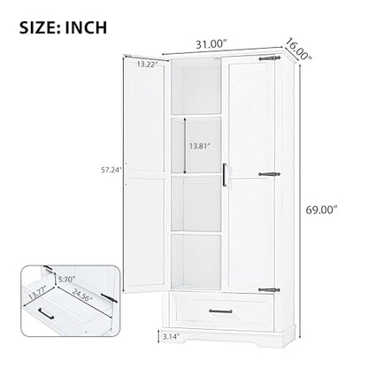 JIVOIT 69''H Tall Bathroom Storage Cabinet, Modern Storage Cabinet with Adjustable Shelves, Two Doors and One Drawer, Four Tiers Shelves, MDF Board - color: White * 147