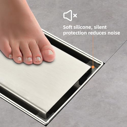 Linear Shower Drain ，24 Inch Brushed 304 Stainless Steel Rectangle Shower Floor Drain，with Reversable Tile-inPattern Drain Cover & Hair Catcher, Adjustable Feet - color: Brushed Nickel, size: 24inch