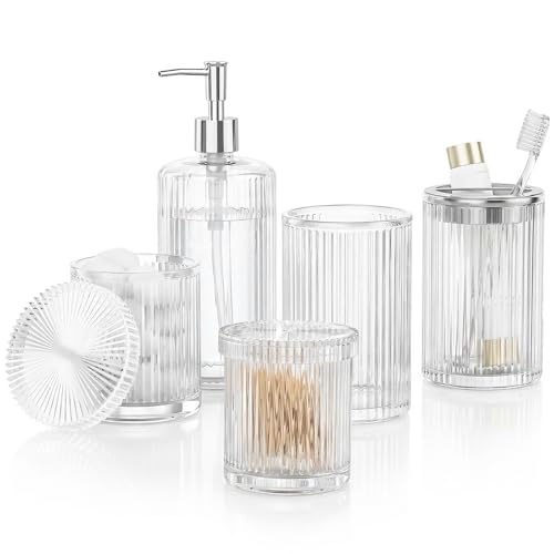 BSSN Glass Bathroom Accessories 5 Pcs, Clear Bathroom Set, Soap Dispenser, Toothbrush Holder Set, Tumber, Qtip Holder Set, Vintage Bathroom Sink Set, Cute Bathroom Decor - color: Clear, size: 5 Pieces