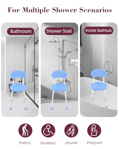 Swivel Shower Chair with Back, 360° Height Adjustable Shower Stool, Compact Space-Saving Design for Small Showers, Non-Slip Bathroom Chair for Seniors & Elderly (Blue) - color: Blue