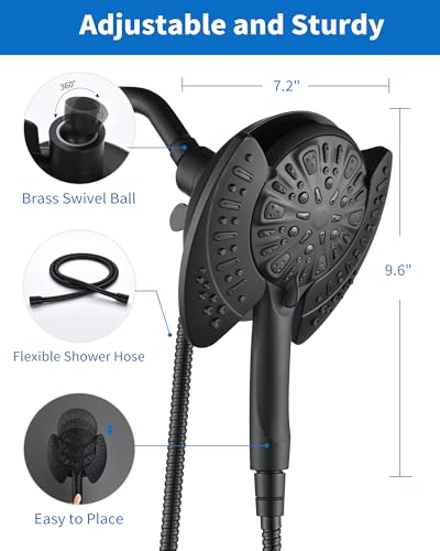 2 in 1 Shower Head with Handheld Combo High Pressure Black 2.5 GPM | 7.2" Rain Showerhead and 9 Spray Hand Held Shower, Adjustable Shower Angle, 59-inch Rotatable Stainless Steel Hose - color: Black, size: 2.5 GPM