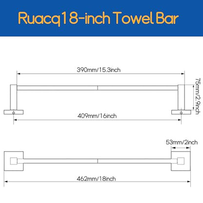 RUACQ Towel Bar 16" Towel Racks for Bathroom Wall Mounted, Matte Black | Total Length 18 Inch Single Towel Rod, Bath Towel Holder, 304 Stainless Steel, Rustproof, Square Base, Heavy Duty, Modern - color: Matte Black, size: 16 inch(Center to Center) Single