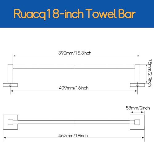 RUACQ Towel Bar 16" Towel Racks for Bathroom Wall Mounted, Matte Black | Total Length 18 Inch Single Towel Rod, Bath Towel Holder, 304 Stainless Steel, Rustproof, Square Base, Heavy Duty, Modern - color: Matte Black, size: 16 inch(Center to Center) Single