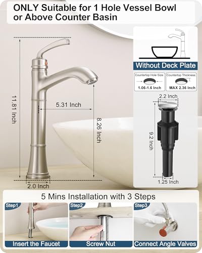 Brass Vessel Sink Faucet Brushed Nickel, Single Handle Tall Faucet for Bathroom Sink One Hole with Pop-Up Drain & Water Hoses, Save Water - color: Brushed Nickel