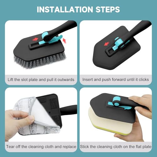 nacena Shower Scrubber with Long Handle, 4 in 1 Tile Tub Scrubber Brush with 3 Detachable Cleaning Heads and V-Shaped Grout Brush Shower Cleaner Brush for Bathroom Kitchen Toilet Tub Sink Wall, Black - color: Black, size: 2 pads+brush