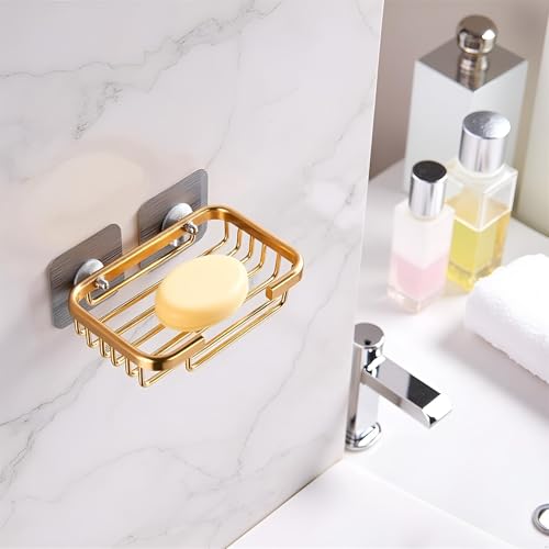 2Pcs Gold Stainless Steel Adhesive Soap Dish,Secure Bar Soap Holder for Shower Wall,Drill Free Soap Holder Storage Rack, Rack Soap Tray Bar for Bathroom and Kitchen Soap Dishes