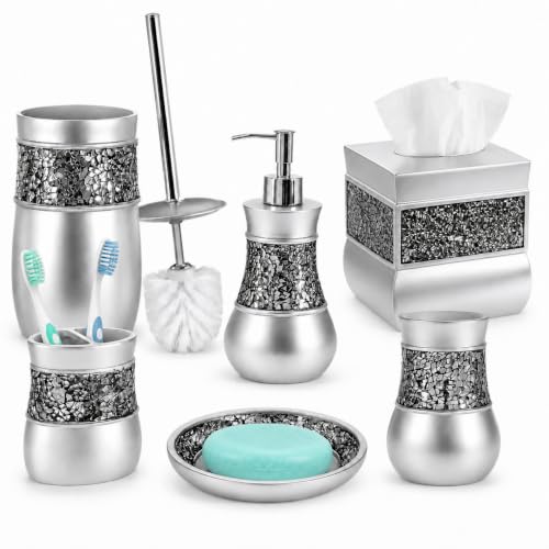 Creative Scents Crackled Glass 6 Pc. Silver Resin Bathroom Accessories Set | Includes Toilet Brush and Holder, Tissue Box Cover, Soap Dispenser, Toothbrush Holder, Tumbler Cup & Soap Dish - style: 6 Pc Set 02