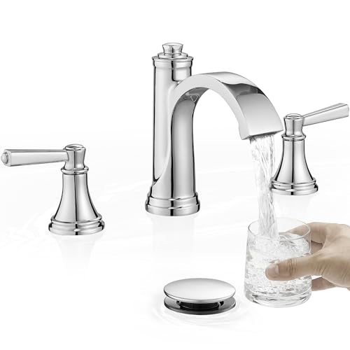 Waterfall Chrome Bathroom Faucet 3 Hole, Brass 4-16 Inch Widespread Bathroom Sink Faucet with Pop Up Drain, cUPC Supply Lines and 2 Handles for Vanity, Restroom, 10 Min Install - color: Chrome