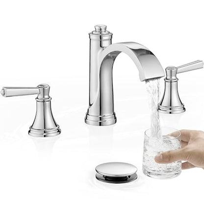 Waterfall Chrome Bathroom Faucet 3 Hole, Brass 4-16 Inch Widespread Bathroom Sink Faucet with Pop Up Drain, cUPC Supply Lines and 2 Handles for Vanity, Restroom, 10 Min Install - color: Chrome