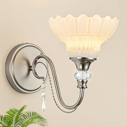 1 Piece Brushed Nickel Finish Wall Sconce, 1-Light Modern Wall Sconce with Hanging Crystal Accents and Flower-Shaped White Shades for Bathroom Bedroom Living Room,Modern Vanity Light - color: Nickel and White, size: 1-Light