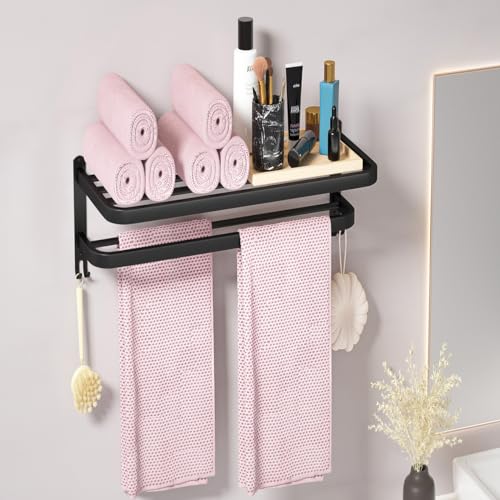 15 Inch Black Towel Racks for Bathroom Towel Shelf with Double Towel Bars Lavatory Wall Mount Holder with Hooks Stainless Steel Hotel Bath Rack (Matte Black) - color: Black15