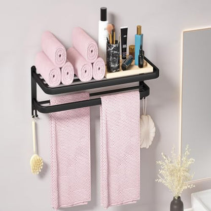 15 Inch Black Towel Racks for Bathroom Towel Shelf with Double Towel Bars Lavatory Wall Mount Holder with Hooks Stainless Steel Hotel Bath Rack (Matte Black) - color: Black15