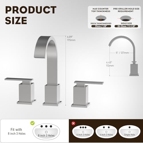 Brushed Nickel 3 Hole Bathroom Faucet 8 Inch Waterfall Vanity Faucet, Bathroom Sink Faucet with Pop Up Drain and Water Supply Line, WF011-BN - color: Brushed Nickel-8 IN
