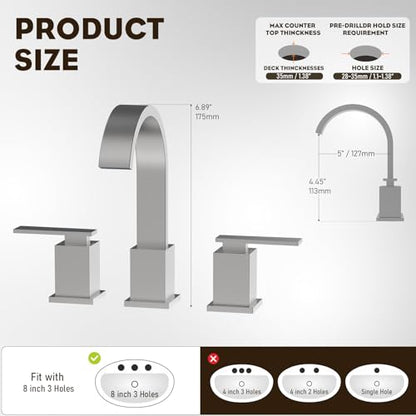 Brushed Nickel 3 Hole Bathroom Faucet 8 Inch Waterfall Vanity Faucet, Bathroom Sink Faucet with Pop Up Drain and Water Supply Line, WF011-BN - color: Brushed Nickel-8 IN