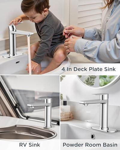 FORIOUS Chrome Bathroom Faucets 1 Hole, Single Hole Bathroom Sink Faucet | Single Lever Rv Bathroom Faucet One Hole, Vanity Faucet for Bthroom Sink 1 Hole with Deck Plate, Drain, Hoses, for Camper - color: Chrome