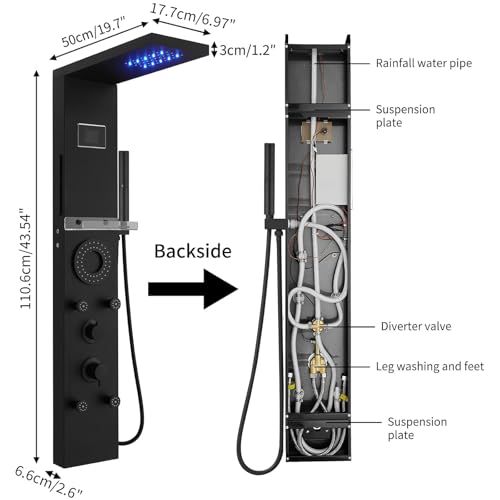 RUMOSE Dark Black Shower Panel Tower System, 5-Mode Shower Faucet Set | LED Light Rainfall Shower Head Digital Display with Massage Jets Tub Spout Shower Shelves, Stainless Steel, Wall Mount - color: Dark Black