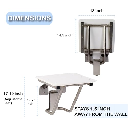 Folding Shower Chair for Elderly and Disabled | ADA Folding Shower Seat Wall Mounted Holds up to 400 lbs | High Density Polymer Shower Chair for Inside Shower 304 Stainless Steel | 18" x16” - size: 18