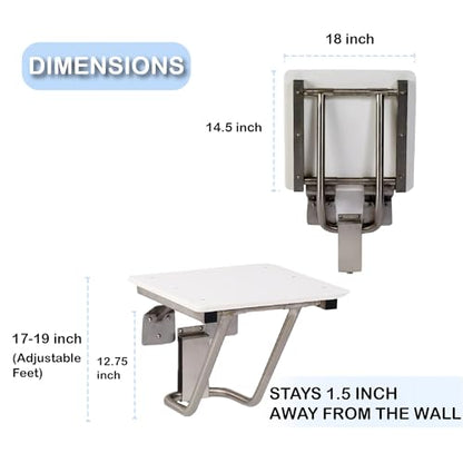 Folding Shower Chair for Elderly and Disabled | ADA Folding Shower Seat Wall Mounted Holds up to 400 lbs | High Density Polymer Shower Chair for Inside Shower 304 Stainless Steel | 18" x16” - size: 18