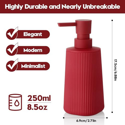 YAUKPH Small Soap Dispenser for Bathroom and Kitchen Matte Red | Modern Farmhouse Striped Style Plastic Hand Soap Dish Soap Dispenser with Pump - color: Red