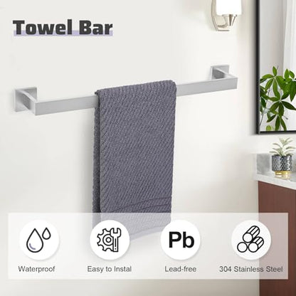 Brushed Nickel Towel Bar Set,5-Piece Bathroom Hardware Set Includes Upgraded Double Base Paper Towel Holder Modern Square Towel Holder Set,Stainless Steel Wall Mount 23.6 Inch - color: 5-pcs Brushed Nickel