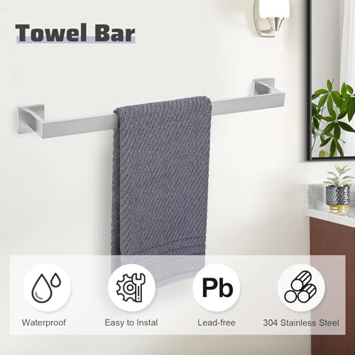 Brushed Nickel Towel Bar Set,5-Piece Bathroom Hardware Set Includes Upgraded Double Base Paper Towel Holder Modern Square Towel Holder Set,Stainless Steel Wall Mount 23.6 Inch - color: 5-pcs Brushed Nickel