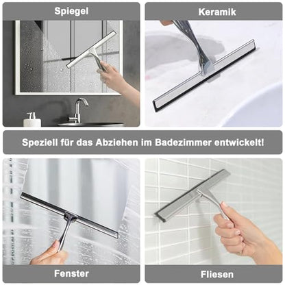 Shower Squeegee, 10 Inch Squeegee Shower Stainless Steel Window Squeegee for Glass Door Shower with Holder