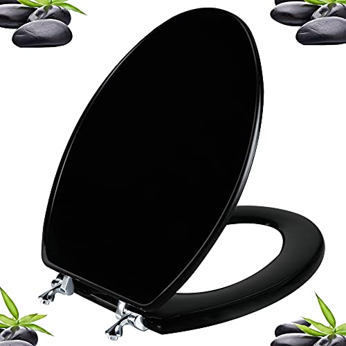Angol Shiold Wood Toilet Seat, Zinc Alloy Hinges (Elongated, Black) | Elongated Toilet Seat, Scratch Resistant Wood Surface, Easy to Install and Clean - color: Black, size: Elongated
