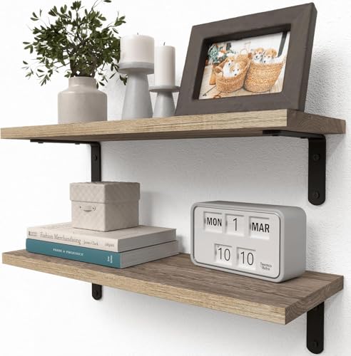RICHER HOUSE Rustic Wood Floating Shelves, 2-Set Wall Mounted Shelves, 16In | Farmhouse Hanging Shelf for Wall Décor, Heavy Duty Book Shelf for Living Room, Bathroom Bedroom Kitchen Storage, Rustic Brown - color: Carbonized Black
