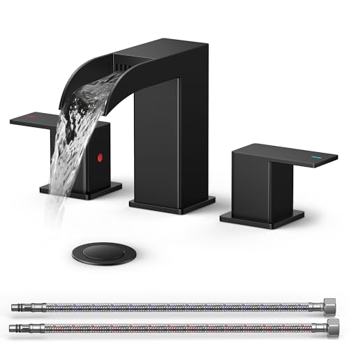 QFN Waterfall Bathroom Faucet 3 Hole 8 inch Widespread Matte Black 2 Handle | Bathroom Sink Faucet Lead-Free with Pop-up Drain and Supply Lines, Fits 4-12 Inch 3 Hole Install, for Vanity Laundry Restroom - color: Matte Black, style: Waterfall