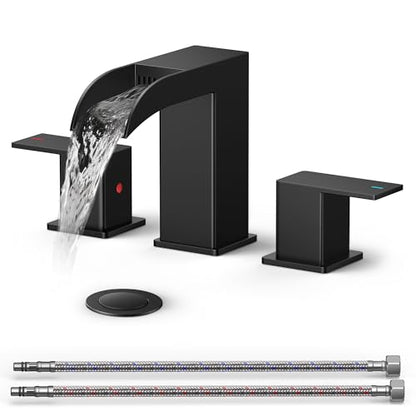 QFN Waterfall Bathroom Faucet 3 Hole 8 inch Widespread Matte Black 2 Handle | Bathroom Sink Faucet Lead-Free with Pop-up Drain and Supply Lines, Fits 4-12 Inch 3 Hole Install, for Vanity Laundry Restroom - color: Matte Black, style: Waterfall