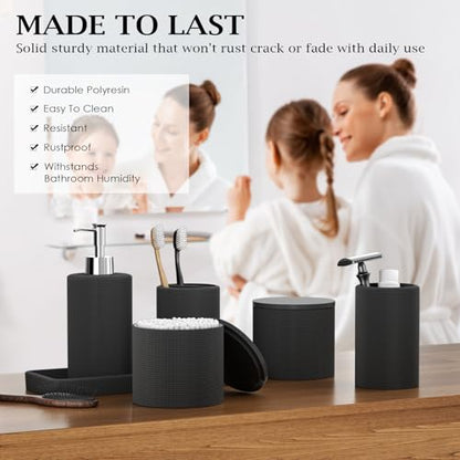 6-Piece Black Bathroom Set - Mesh Textured Resin Bathroom Accessories Set with Soap Dispenser, Toothbrush Holder, Cup, Vanity Tray & Apothecary Jars for Small Spaces - color: Black - Mesh Textured