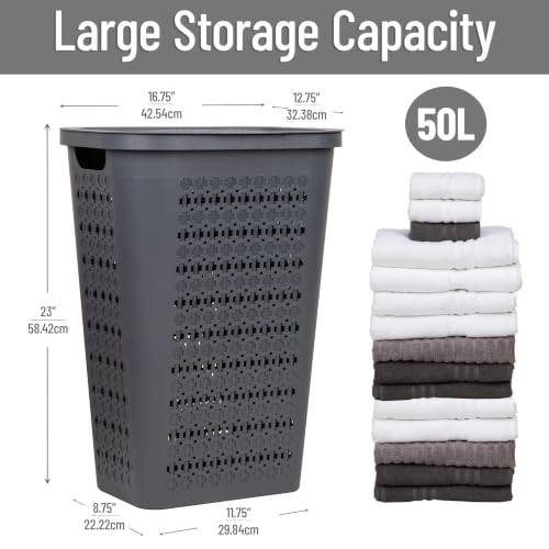 Mind Reader Slim Tapered Laundry Hamper with Lid, Clothes Basket with Swiss Cross Cut-Outs, Lightweight & Ventilated, Plastic, 16.75"L x 12.75"W x 23"H, Gray - color: Gray