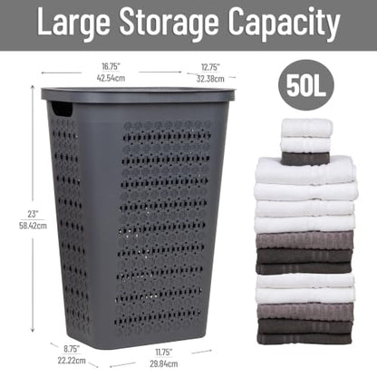 Mind Reader Slim Tapered Laundry Hamper with Lid, Clothes Basket with Swiss Cross Cut-Outs, Lightweight & Ventilated, Plastic, 16.75"L x 12.75"W x 23"H, Gray - color: Gray