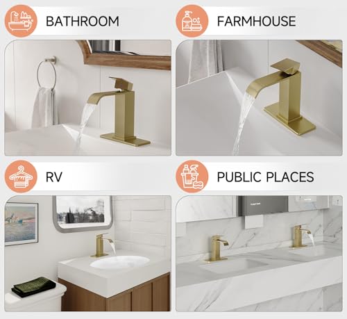 Brushed Gold Bathroom Faucets Evolvegoods Modern Waterfall Bathroom Faucet | Single Handle 1 or 3 Hole Bathroom Sink Faucet RV Mixer Tap Vanity Faucet with Deck Plate Pop-up Drain and Supply Lines - color: Brushed Gold