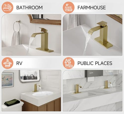 Brushed Gold Bathroom Faucets Evolvegoods Modern Waterfall Bathroom Faucet | Single Handle 1 or 3 Hole Bathroom Sink Faucet RV Mixer Tap Vanity Faucet with Deck Plate Pop-up Drain and Supply Lines - color: Brushed Gold