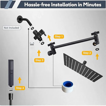 Rainfall Shower Head with Handheld Combo, Black, 10 Inch & 3 Spray Modes | 180° Adjustable with Extension Arm, Easy To Install - color: Matte Black