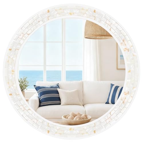 White Round Bathroom Wall Mirror 36 Inch | Natural Mother of Pearl Frame, Tempered Glass, Coastal Beachy Decor for Bedroom, Living Room, Entryway - size: 36"L x 36"W