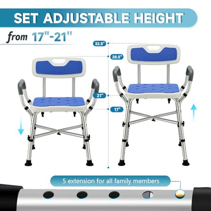Shower Chair for Inside Shower, 600 lb Adjustable Chair with Arms and Back | FSA/HSA Eligible, 600lb Capacity, Crossbar Design, Adjustable Height, Tool-Free, Non-Slip Bath Chair for Elderly and Disabled - color: Blue