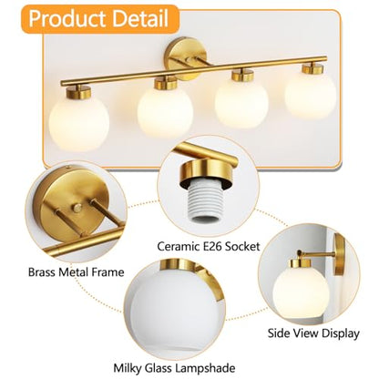 4 Light Bathroom Vanity Light, Gold Bathroom Light Fixtures Over Mirror, Mid Century Modern Wall Light with Frosted Globe Glass Shades, 32 inch Brass Vanity Lights, E26 Socket - color: Gold & Milky White Glass, size: 4-Light