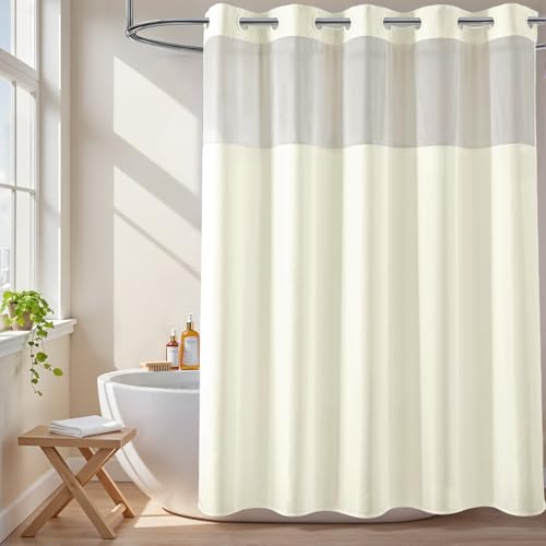 River Dream No Hook Fabric Shower Curtain or Liner with Sheer Window, Beige | No Liner Included or Needed, One-Piece Design, Hotel-Quality Material for Bathroom, Water Repellent, Machine Washable, 71x74 - color: Beige, size: 71"W x 74"L (Pack of 1)